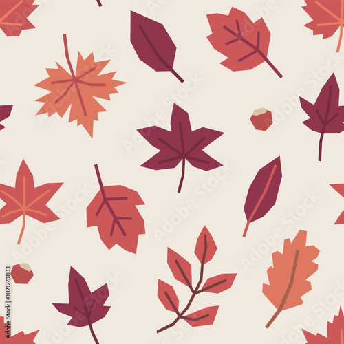 Seamless pattern of autumn maple, oak and other leaves, in cutout style on light beige background. Simple geometric botanical elements. Fall vector design for textile, wallpaper, wrapping paper.