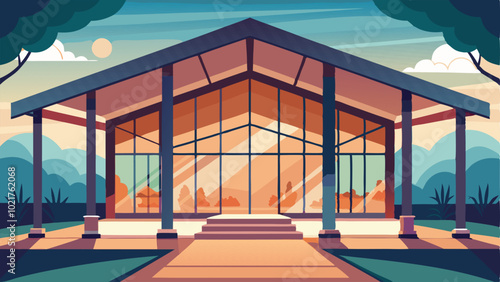 The pavilions large windows allow ample natural light to flood the space creating a warm and inviting atmosphere.