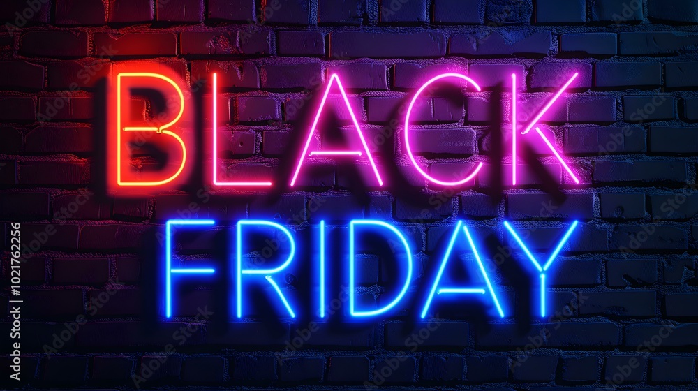 Multicolor Neon 'BLACK FRIDAY' Sign on a Brick Wall Multicolor Neon 'BLACK FRIDAY' Sign on a Brick Wall