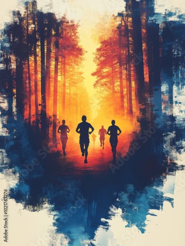 Many people running in a forest at sunset