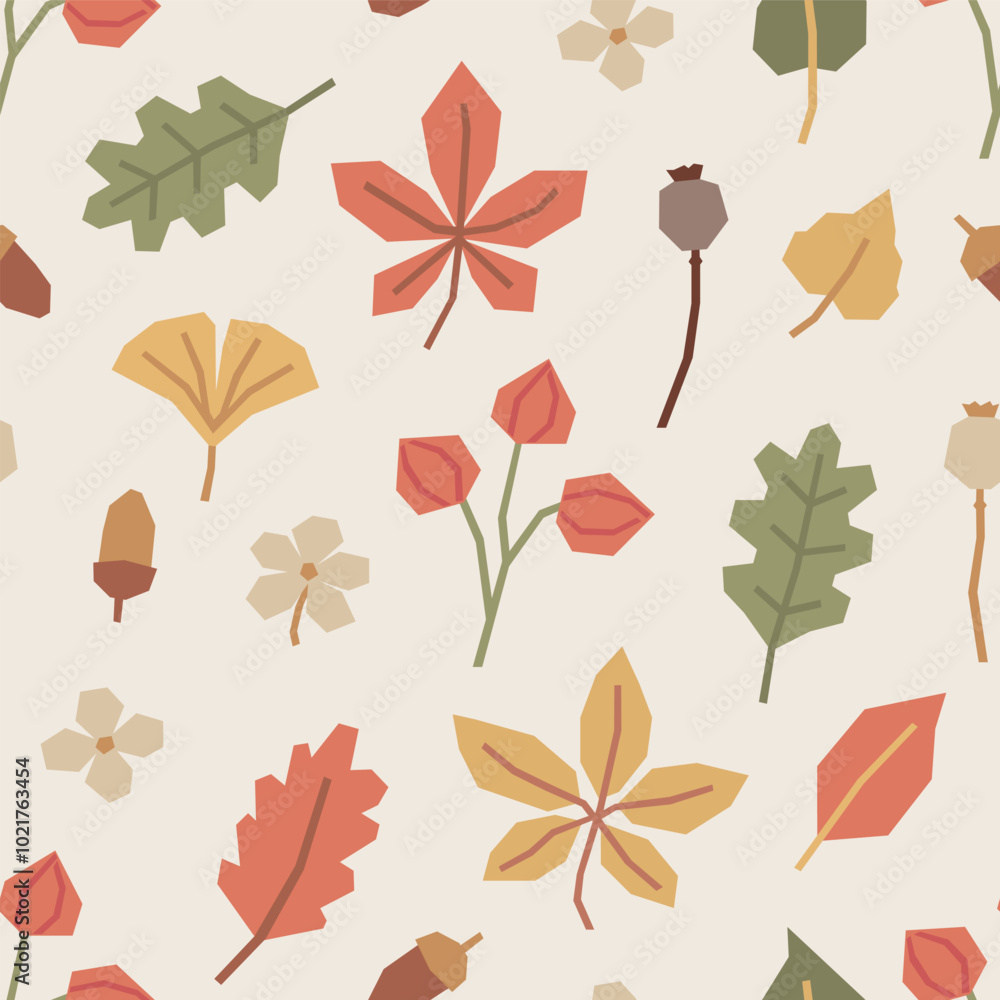 Obraz premium Seamless pattern of autumn leaves, poppy pods, flowers, acorns in cutout style on light beige background. Simple geometric botanical elements. Fall vector design for textile, wallpaper, wrapping paper