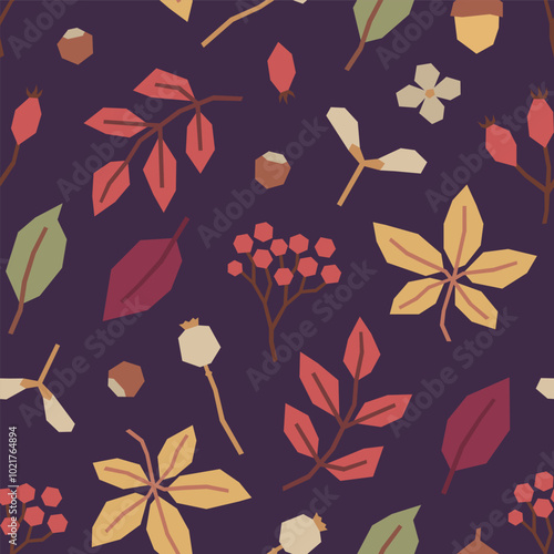 Seamless pattern of autumn leaves, rowan berries, poppy pods in cutout style on dark purple background. Simple geometric botanical elements. Fall vector design for textile, wallpaper, wrapping paper.