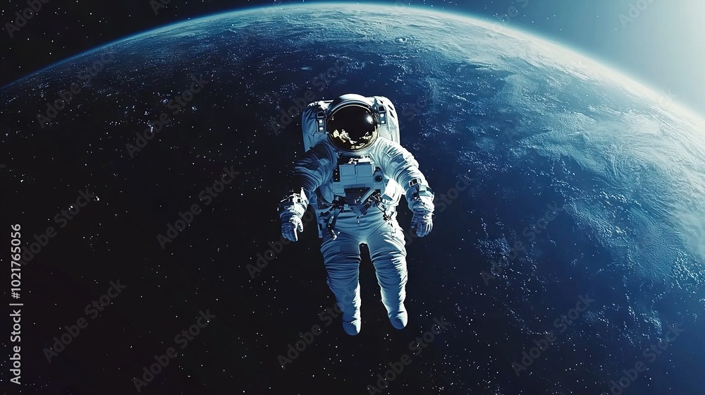An artistically rendered depiction of an astronaut floating before a azure planet against an Earth backdrop An artistically rendered depiction of an astronaut floating before a azure planet against an Earth backdrop