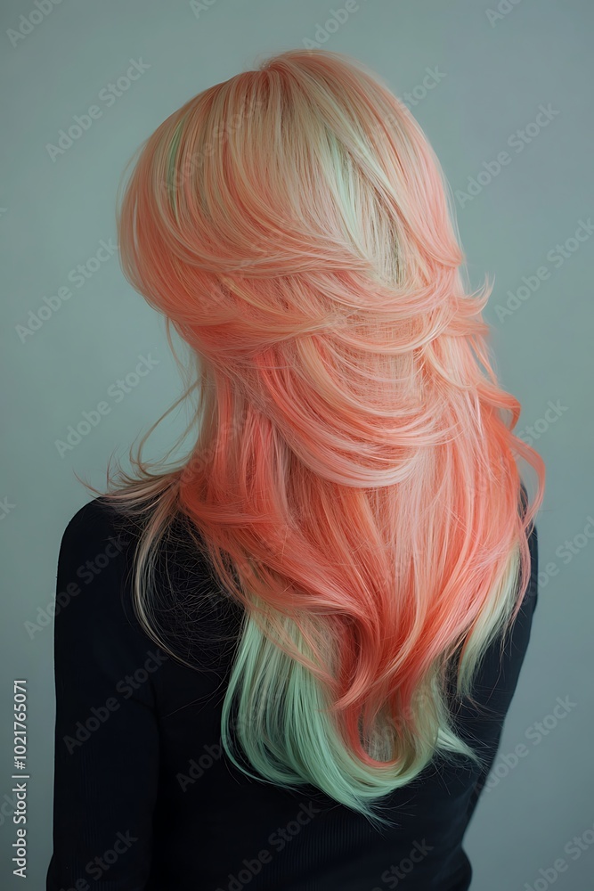 Naklejka premium Back view of a woman with long pink ombre hair