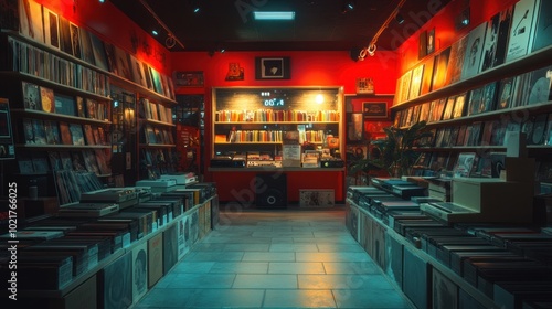 A record store with shelves filled with vinyl records.