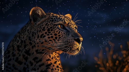  Close-up of a Cheetah's Face, Night Sky Stars Background