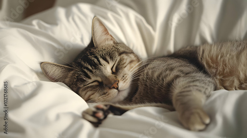 Wallpaper Mural Sleeping Tabby Cat on White Bedding - Photo Torontodigital.ca