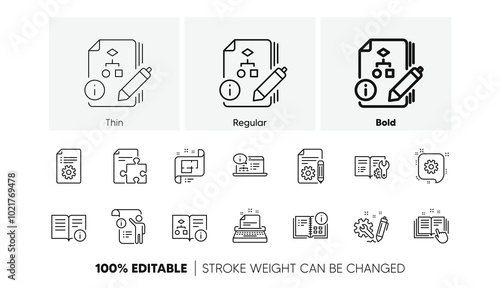 Instruction, Plan and Manual. Technical documentation line icons. Algorithm linear icon set. Line icons set. Vector