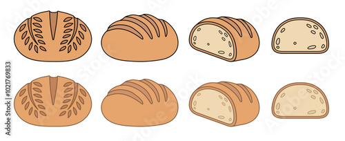 Cartoon Sourdough Bread Loaf Clipart, with Whole, Half and Slice - Isolated on a Transparent Background
