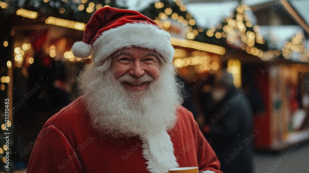 Santa Claus smiles joyfully while holding a cup at a festive holiday market decorated with lights during winter Santa Claus smiles joyfully while holding a cup at a festive holiday market decorated with lights during winter