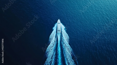 Aerial view of a boat leaving a wake in a calm ocean, ideal for travel and leisure concepts Generative AI