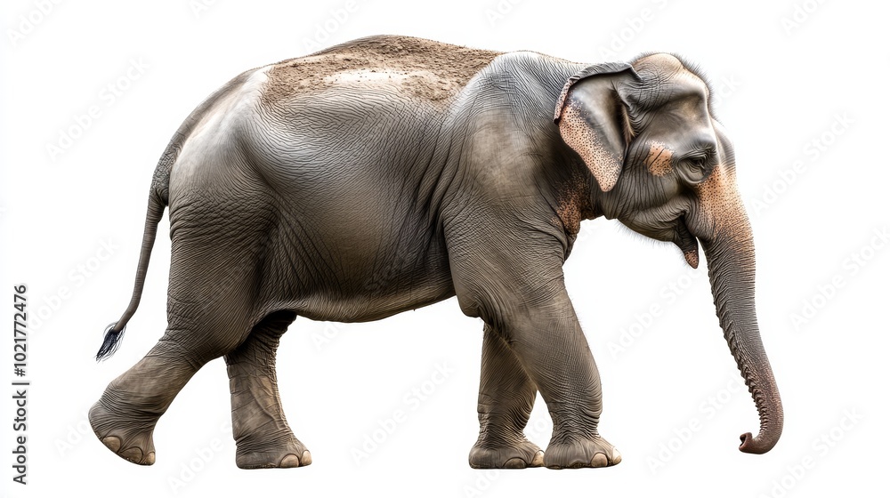 Fototapeta premium An Asian Elephant walking, side view, isolated on white background.