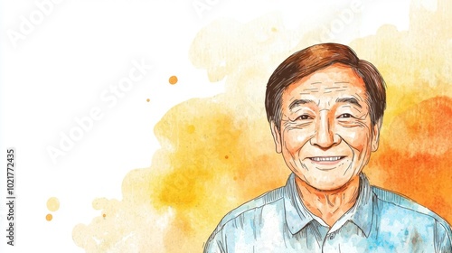 Old Chinese Man with Brown Straight Hair watercolor illustration.