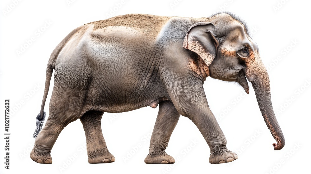 Obraz premium An Asian Elephant walking, side view, isolated on white background.