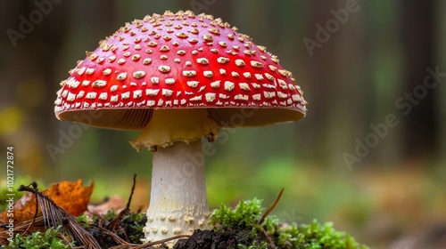 Close-up of a Red-capped Mushroom in a Forest Environment Generative AI