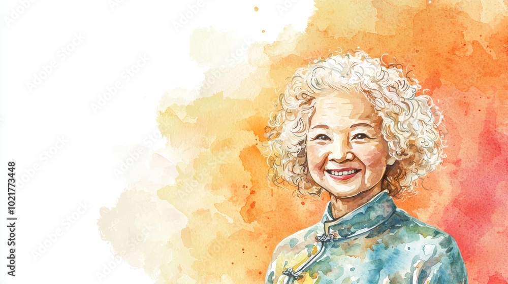Old Chinese Woman with Blond Curly Hair watercolor illustration. Old Chinese Woman with Blond Curly Hair watercolor illustration.