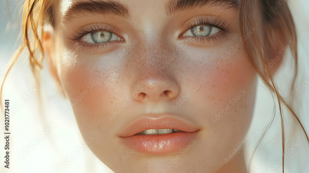 Closeup Realistic Illustration of a Woman's Face with Freckles Closeup Realistic Illustration of a Woman's Face with Freckles