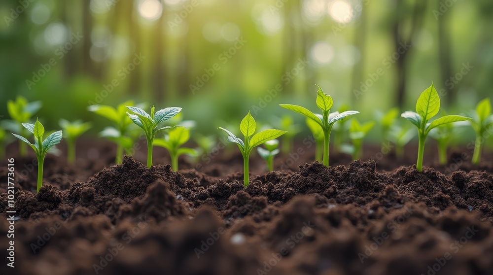 A small green plant sprouts from rich soil under warm sunlight in a tranquil garden at dawn, symbolizing new beginnings and growth A small green plant sprouts from rich soil under warm sunlight in a tranquil garden at dawn, symbolizing new beginnings and growth
