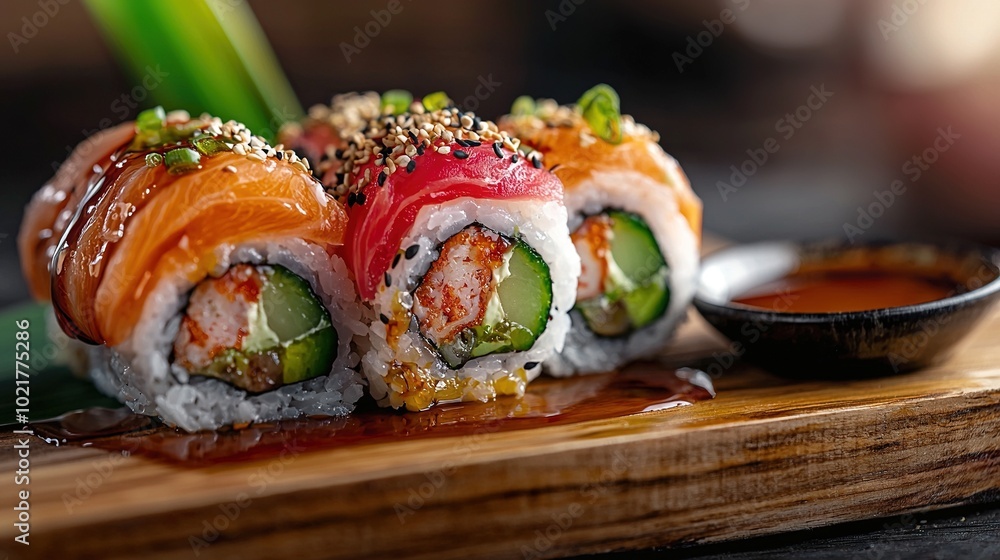 Sushi roll on cutting board, bowl sauce nearby Sushi roll on cutting board, bowl sauce nearby