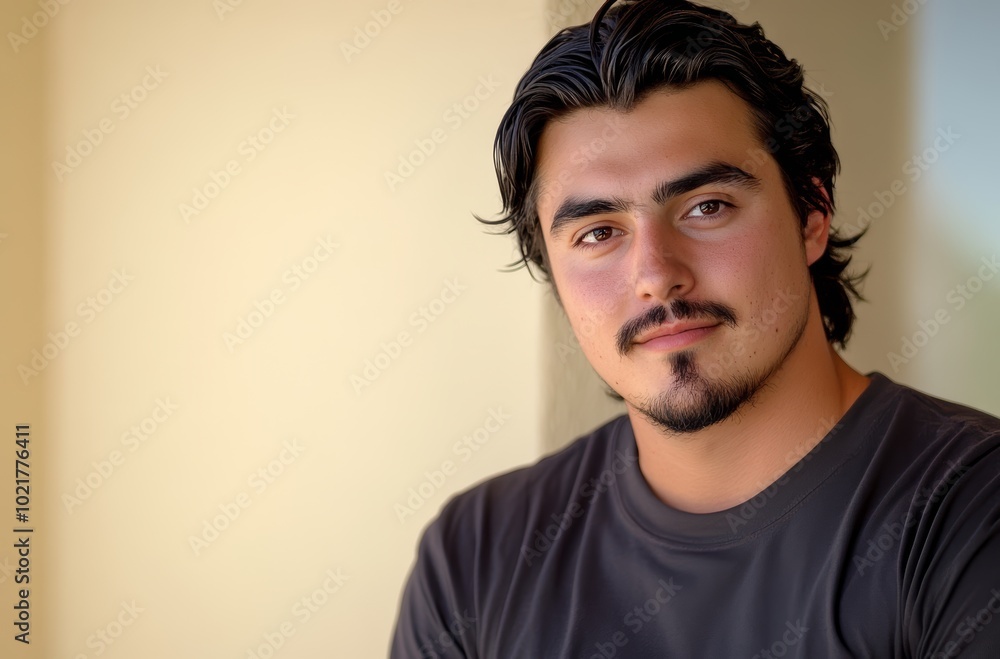 Obraz premium A young man poses with confidence, showcasing a relaxed expression and casual attire in a softly lit indoor setting