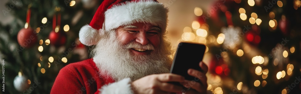 Santa Claus cheerfully using a smartphone surrounded by festive Christmas decorations and lights indoors. Wide web banner. Santa Claus cheerfully using a smartphone surrounded by festive Christmas decorations and lights indoors. Wide web banner.