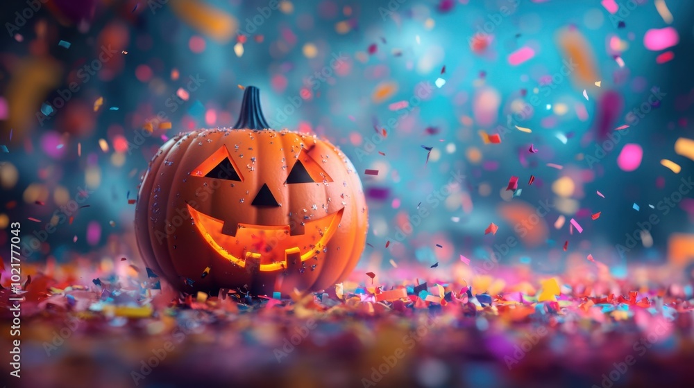 Fototapeta premium A cheerful pumpkin surrounded by confetti and candy, creating a playful Halloween vibe..