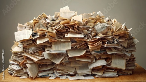 A large pile of old and new documents, papers, and books on a wooden table.