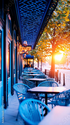 Empty blue chairs and tables line a sidewalk cafe in the warm glow of sunset.