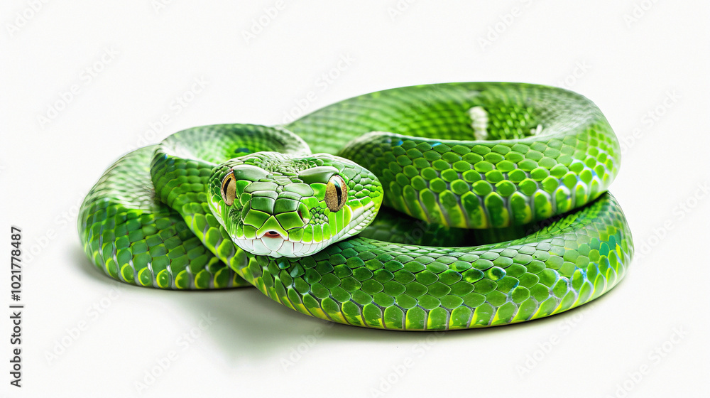 Fototapeta premium A green snake 2025 symbol with yellow spots on white background. Zodiac sign according to the Chinese horoscope