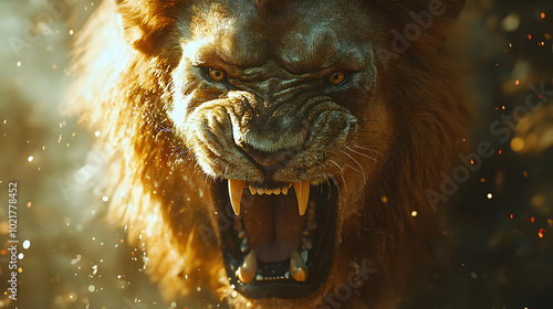 Closeup of Lion Roaring with Sparks in Background - Realistic Image