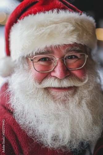 Cheerful elderly man dressed as Santa Claus with glasses and a fluffy white beard enjoying a winter day amidst festive decorations