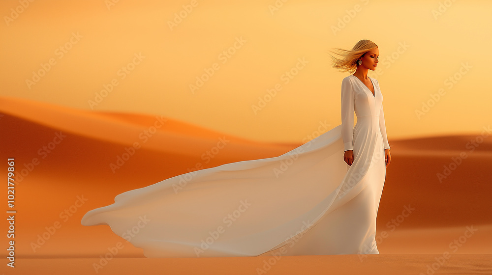 A blonde vogue model in a long, flowing white dress stands elegantly against the backdrop of a vast desert landscape. The dress catches the wind, creating soft, billowing waves of A blonde vogue model in a long, flowing white dress stands elegantly against the backdrop of a vast desert landscape. The dress catches the wind, creating soft, billowing waves of