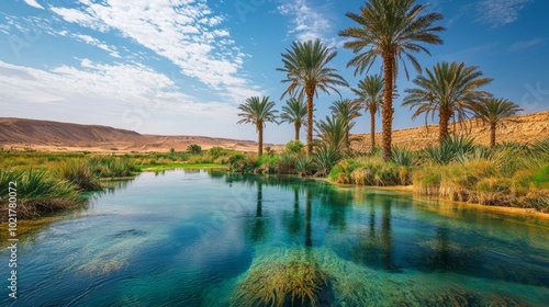 Serenity in the Desert: Oasis with Palm Trees and a Clear Pool Generative AI