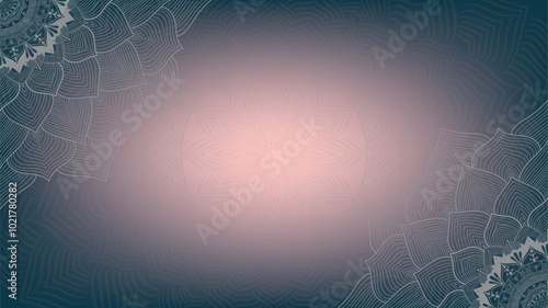 Round mandala on dreamy peach fuzz gradient background. Translucent mesh pattern in the form of a mandala. Mandala with floral patterns. Pastel Yoga template. Gradient background with round mandala.