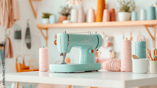 A light blue sewing machine sits on a white table with pink and blue thread spools.