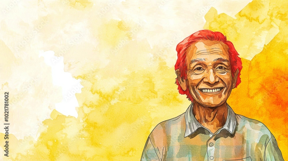Fototapeta premium Old Indian Man with Red Straight Hair watercolor illustration.