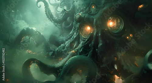 Cthulhu Mythos Tentacled Eldritch Abomination with Glowing Eyes photo