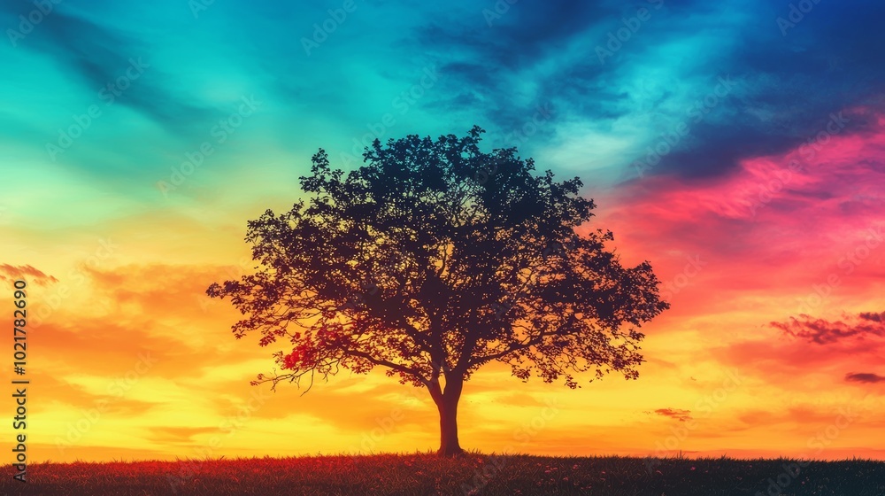Fototapeta premium Serene Landscape of a Tree Silhouetted Against a Vibrant Sunset Sky Generative AI