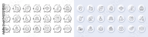 Business meeting, User notification and Fireworks line icons. White pin 3d buttons, chat bubbles icons. Pack of Wash hands, Inventory, People vaccination icon. Vector