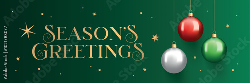 Season greetings greeting card. Beautiful typographical invitation with 3d realistic balls and golden stars. Modern gold typography on festive dark green background. Vector illustration.