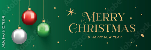 Merry Christmas greeting card. Beautiful typographical invitation with 3d realistic balls and golden stars. Modern gold typography on festive dark green background. Vector illustration.