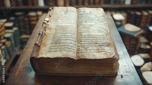 An antique, leather-bound book with aged pages, open to reveal handwritten text, sits on a wooden table in a library.