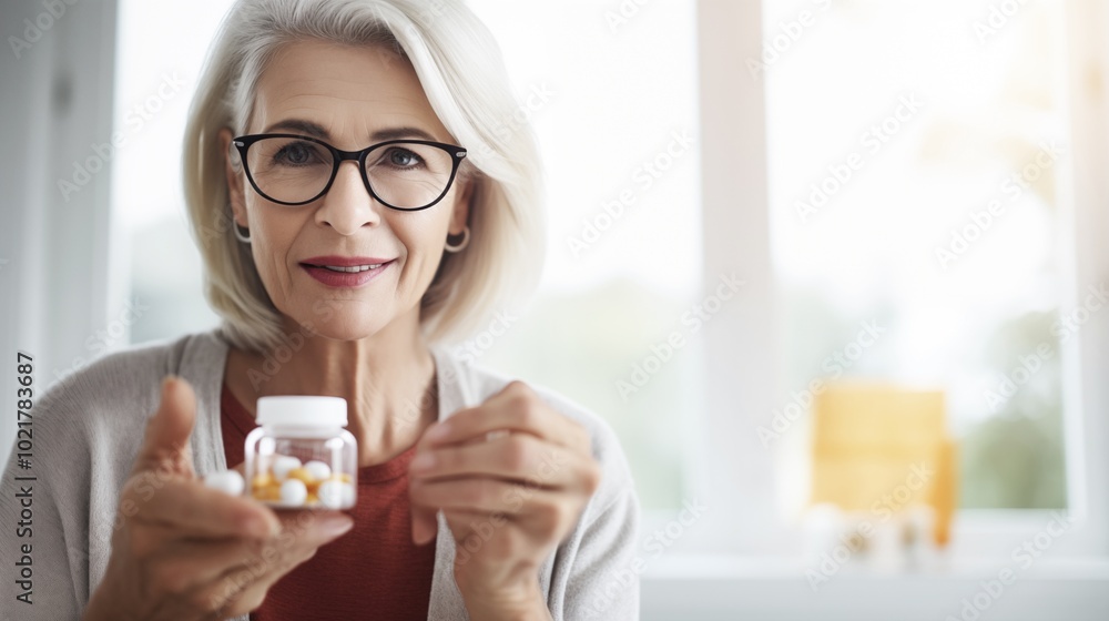 A beautiful elderly woman with short gray hair wearing glasses holds a bottle of pills in her hand, smiling warmly at the camera. A beautiful elderly woman with short gray hair wearing glasses holds a bottle of pills in her hand, smiling warmly at the camera.