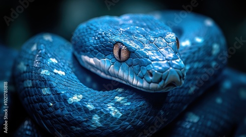 A close-up of a blue python with a sharp focus on its eye, showcasing its scales and patterns. photo