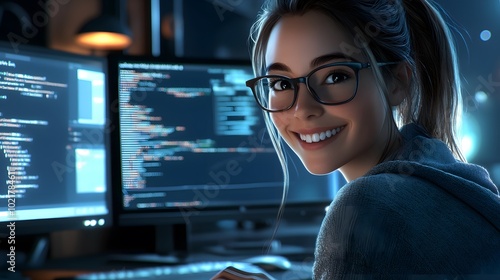 A young woman in glasses smiles at the camera while sitting near her computer, surrounded by monitors displaying code and data