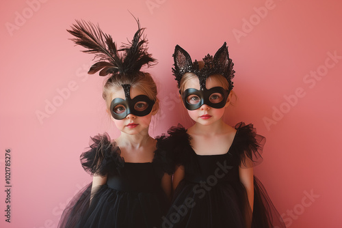 A whimsical portrait of two girls dressed in black dresses and animal-themed masks, standing against a soft pink background. Elegant cat's masks with feathers, adding a mysterious and charming photo