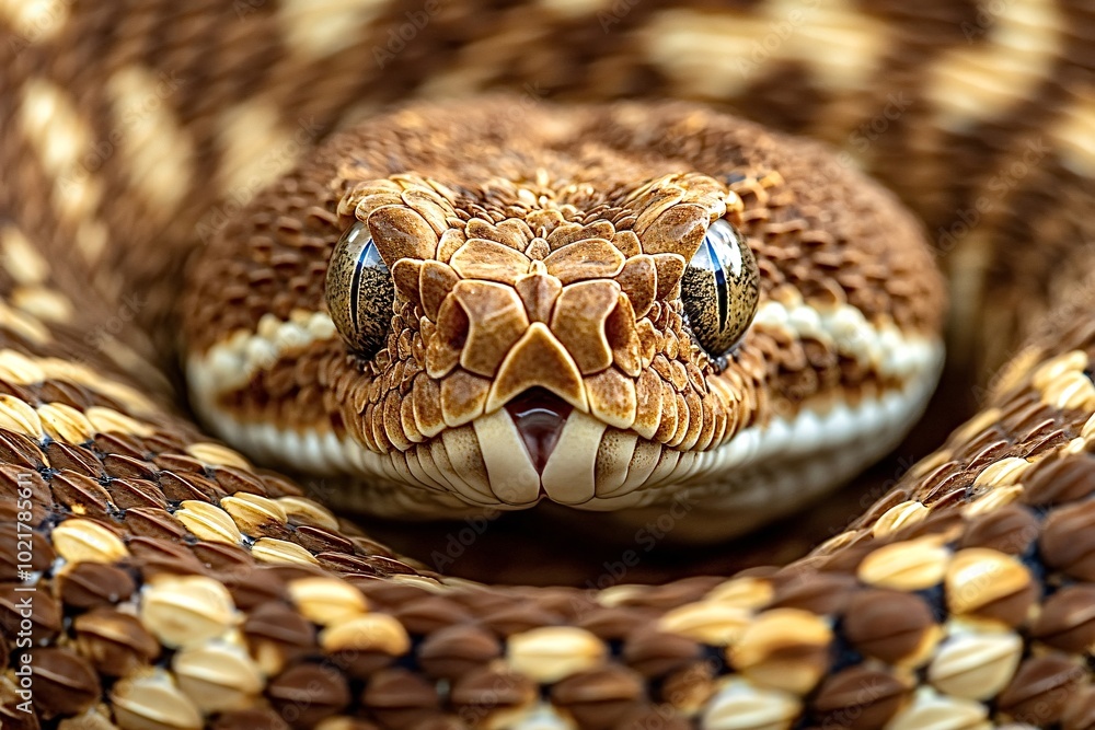 Brown snake coiled, staring ahead with tongue out, showcasing intricate scales and mesmerizing eyes, exuding danger and fear in the wild Brown snake coiled, staring ahead with tongue out, showcasing intricate scales and mesmerizing eyes, exuding danger and fear in the wild