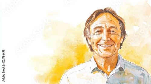 Old Latino Man with Brown Straight Hair watercolor illustration.