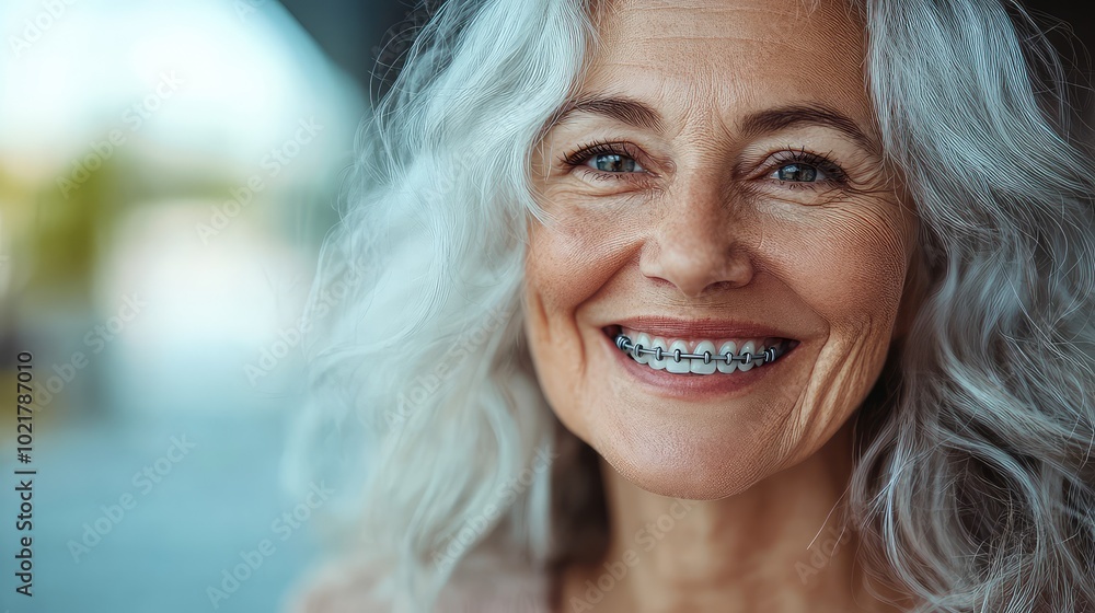 High-resolution close-up portrait of an elderly woman smiling, showcasing orthodontic gray metal braces on her teeth with beautiful white hair and clean background High-resolution close-up portrait of an elderly woman smiling, showcasing orthodontic gray metal braces on her teeth with beautiful white hair and clean background