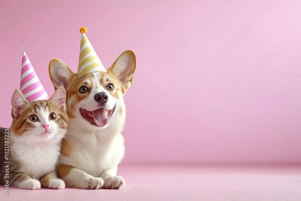 Folded cat and little puppy in party hat with space for text. Folded cat and little puppy in party hat with space for text.